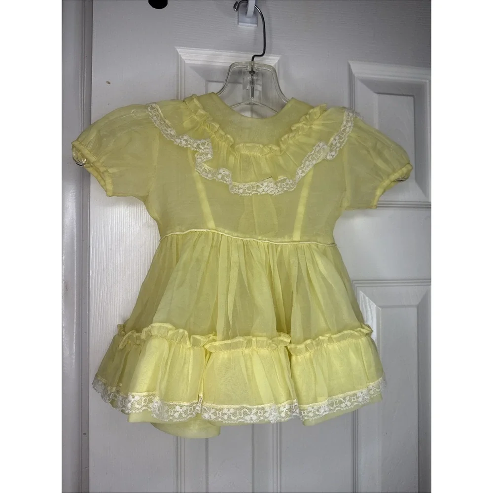Vintage Toddler Girls‎ Yellow Sheer Dress Lace Ruffle 18-24M 2T Easter Party